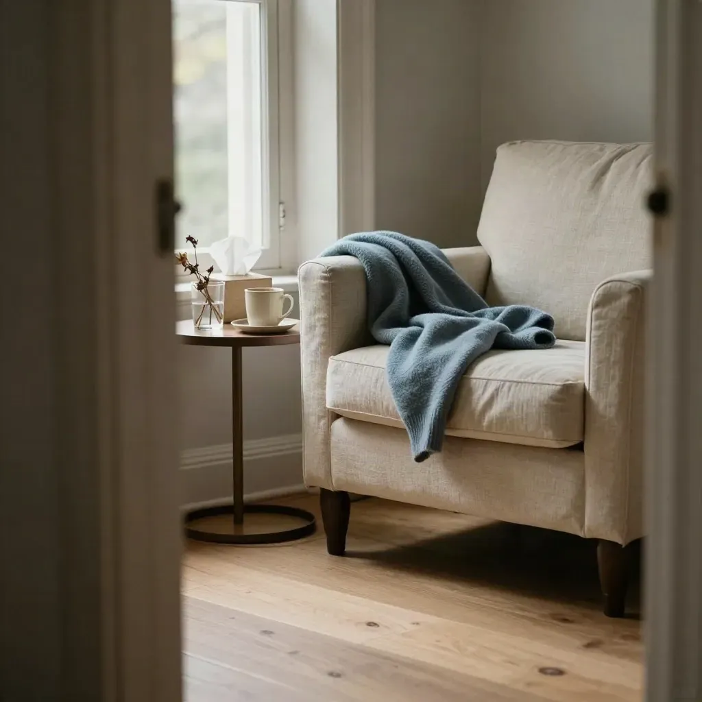 Quiet living room corner with a tissue box, wilted flowers, cardigan and untouched mug by an armchair.
