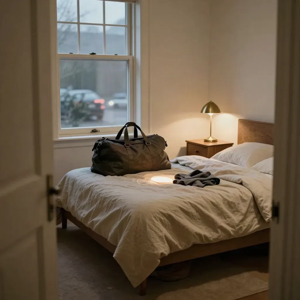 Breakup bedroom with a half-empty bed, duffel, ring dish, and lamp glowing low.