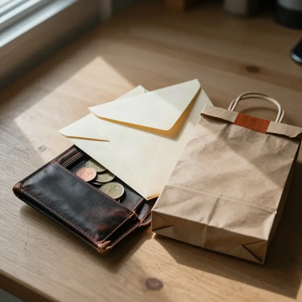 Overhead still life of wallet, coins, envelopes and a folded loaf bag on a kitchen table.