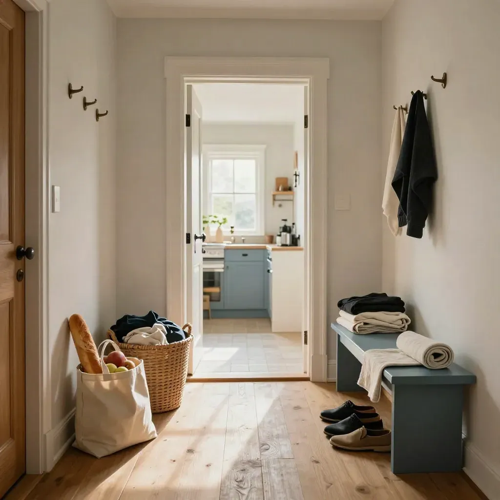 Entryway with groceries, laundry basket, neat shoes, and a rolled dish towel in soft daylight.