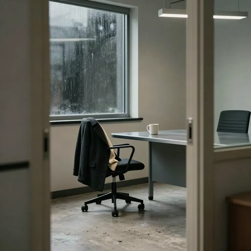 Empty office chair by a dark window, coat draped on it, cold mug on desk