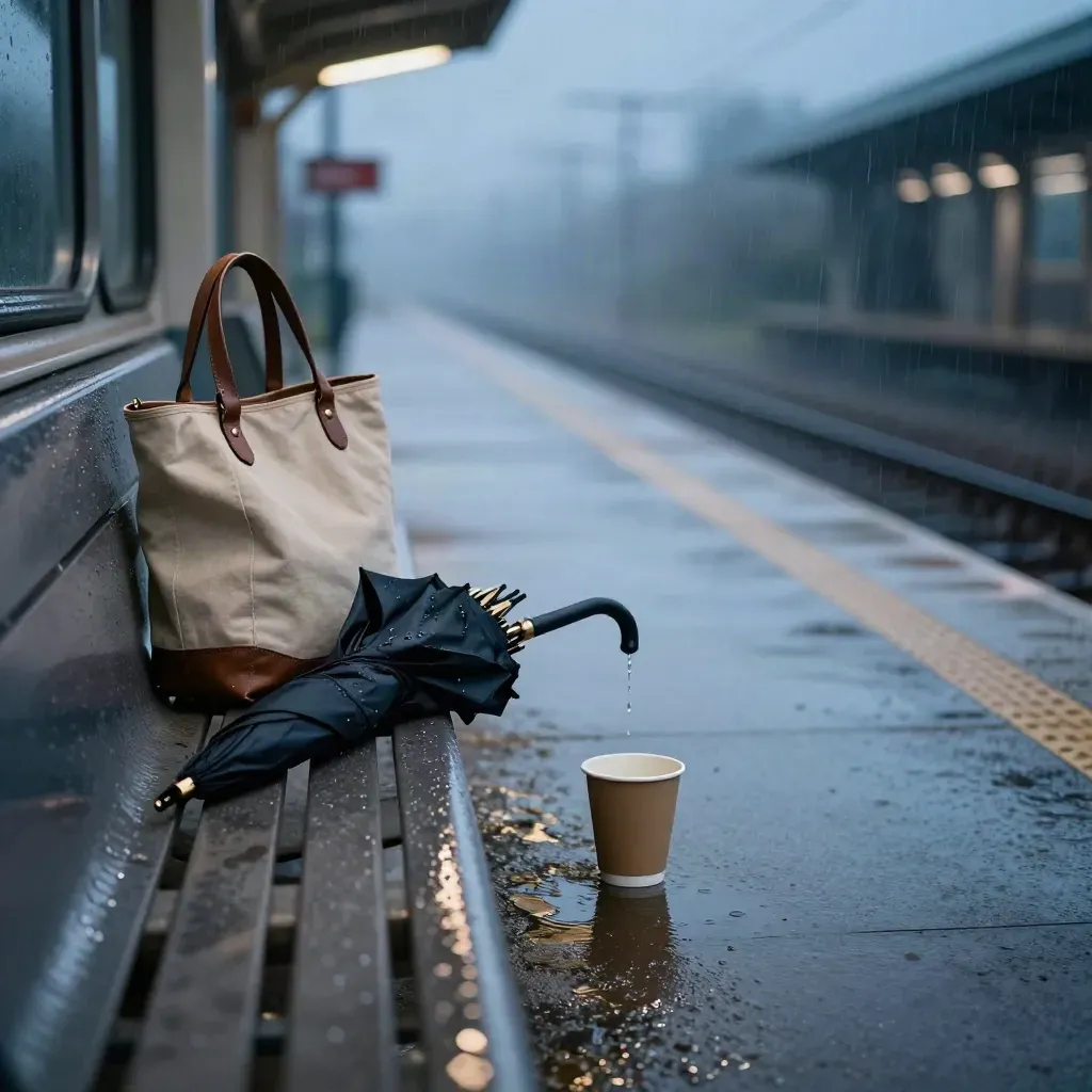Rain-soaked platform bench with tote, cup, and folded umbrella in blue hour haze.