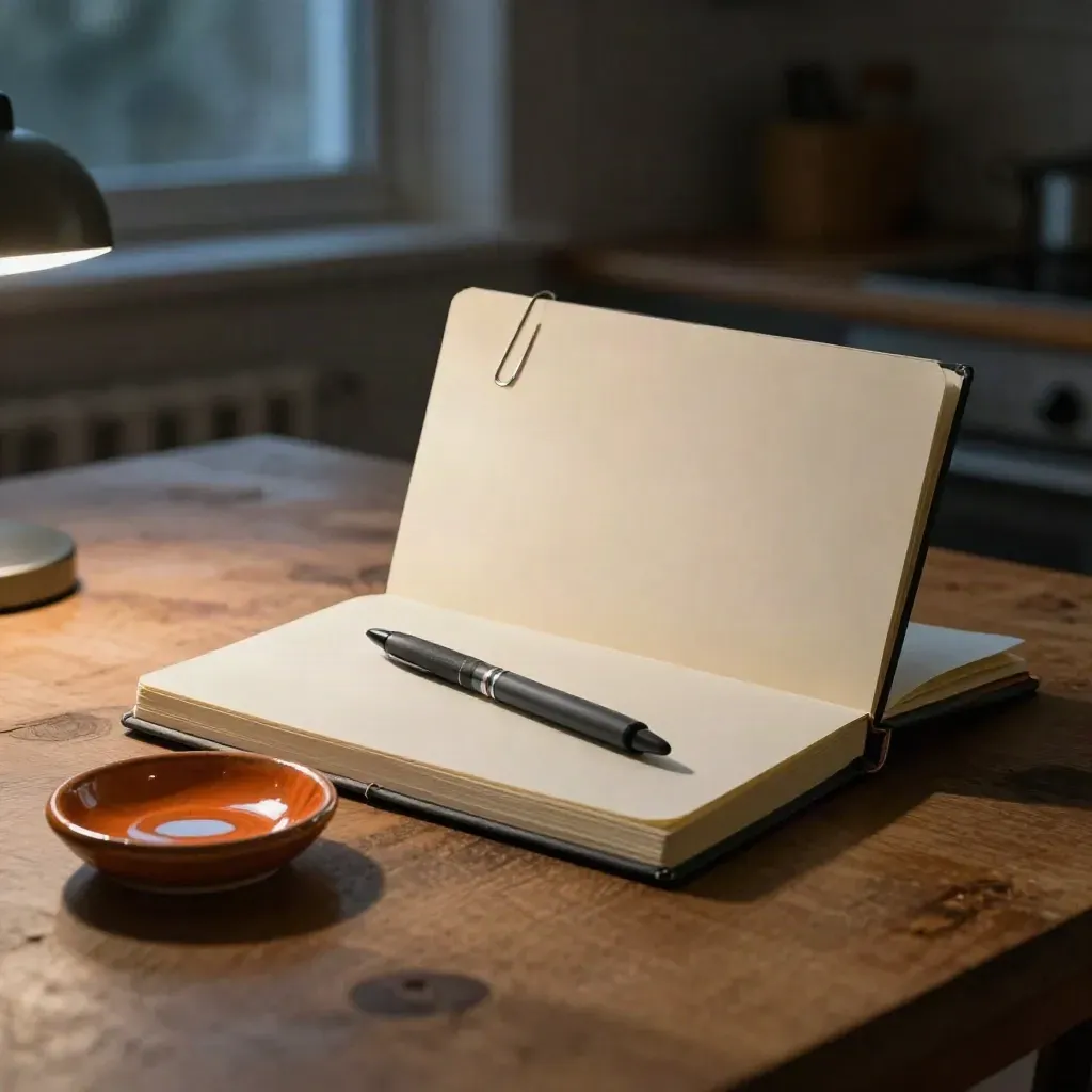 Open habit tracker notebook, pen and orange ceramic dish on an oak table at dusk.