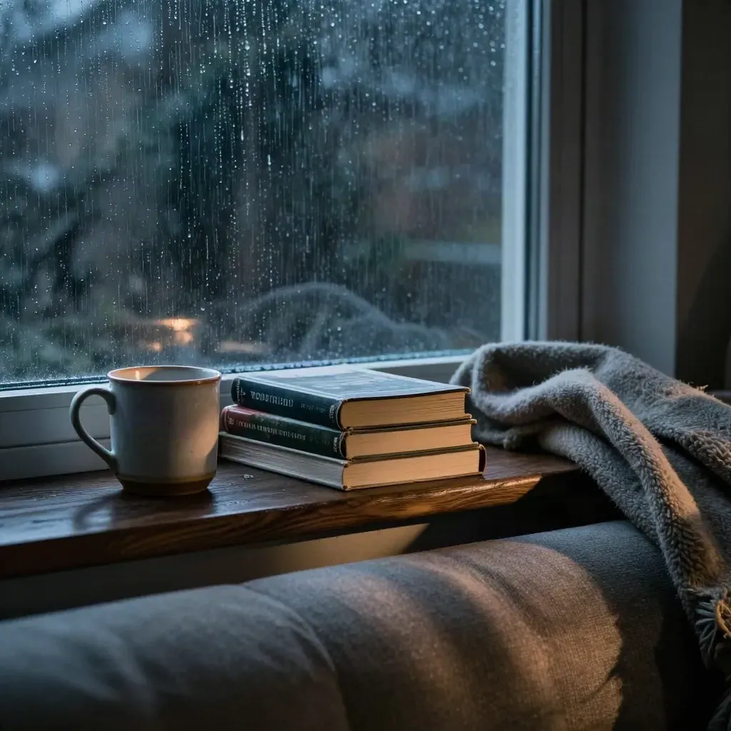 Rainy window seat with paperbacks, blanket, and mug beside a softly glowing window