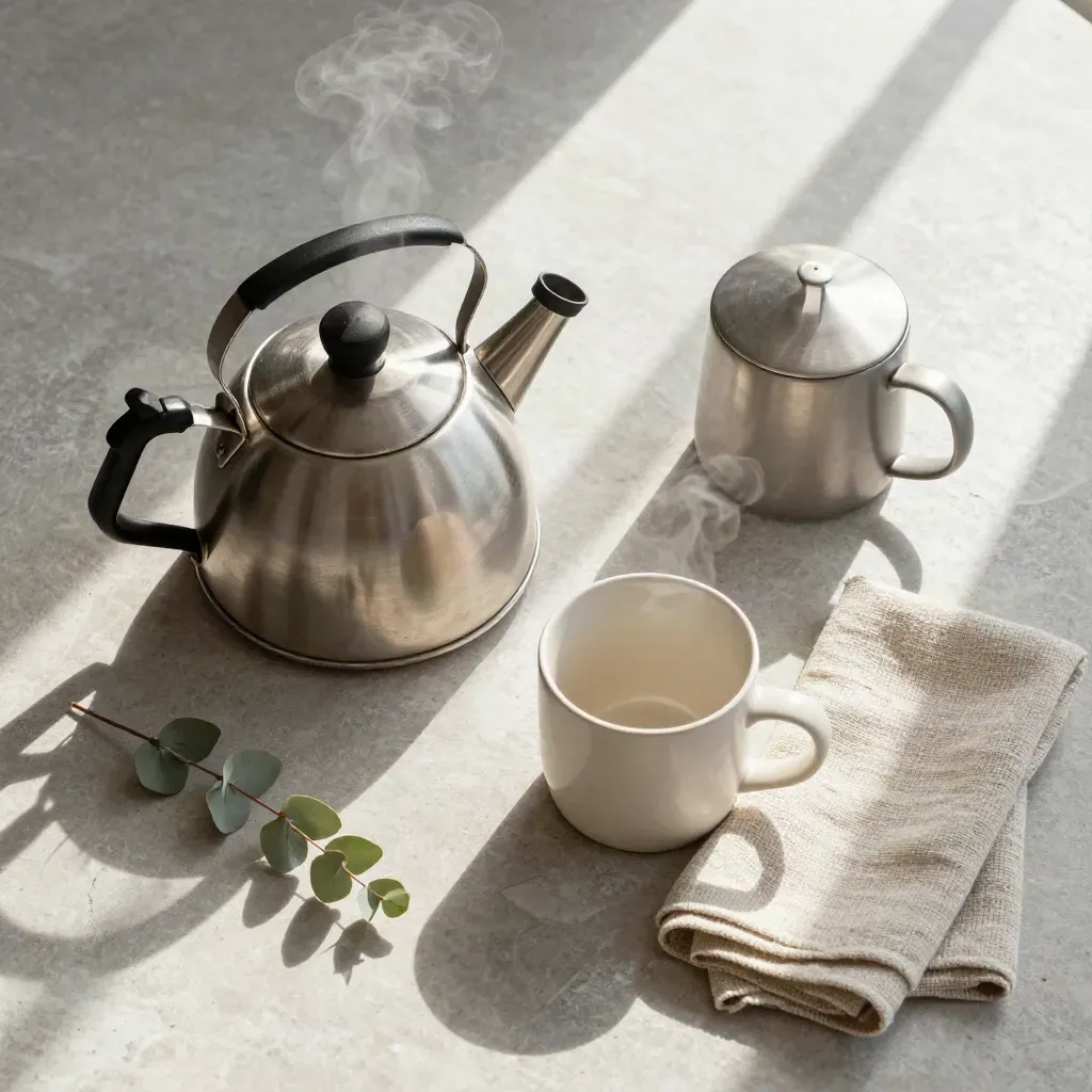 Top-down kettle, mug, tea towel and eucalyptus on pale stone with steam.
