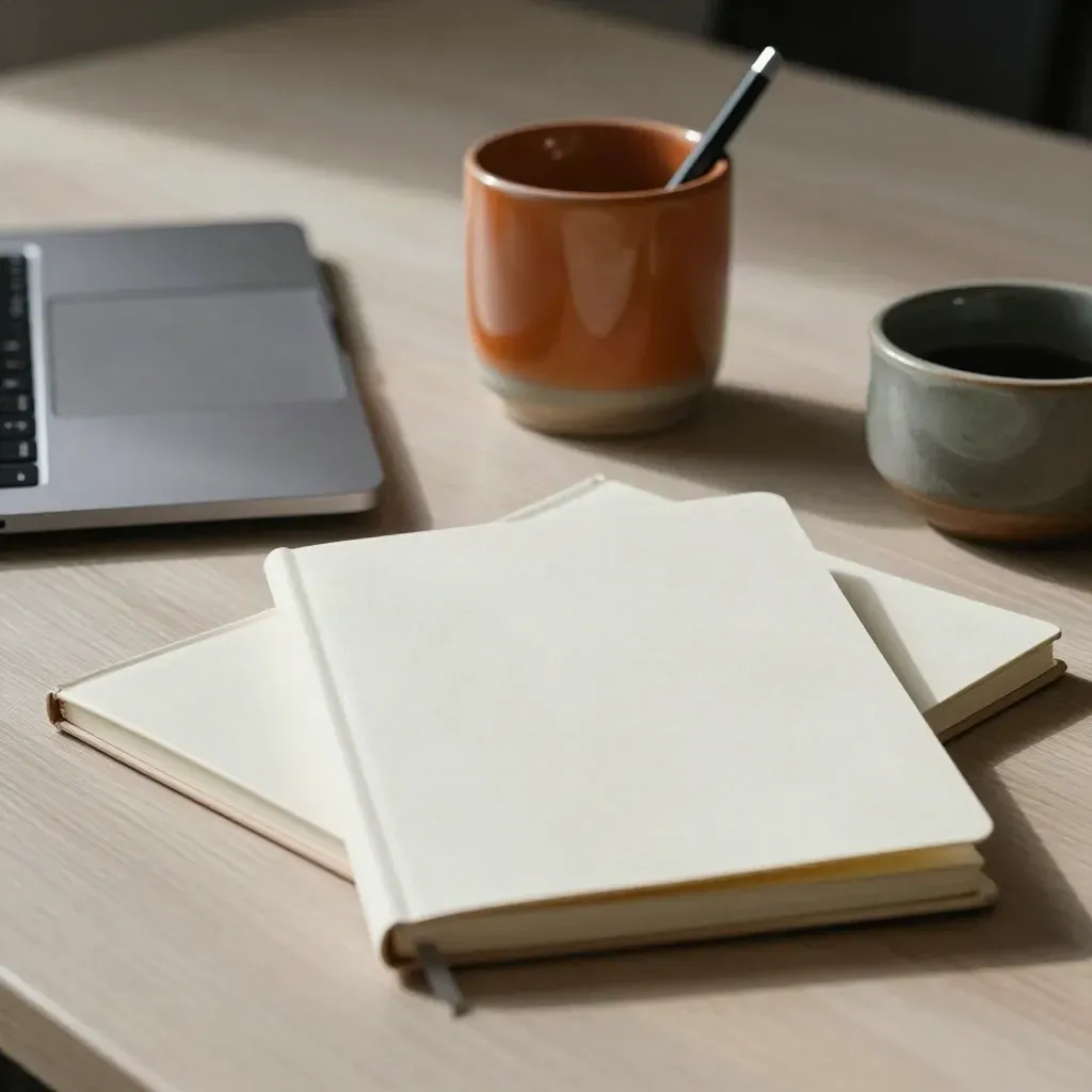 Closed laptop with notebooks, pen cup and planter on pale wood in cool office light.
