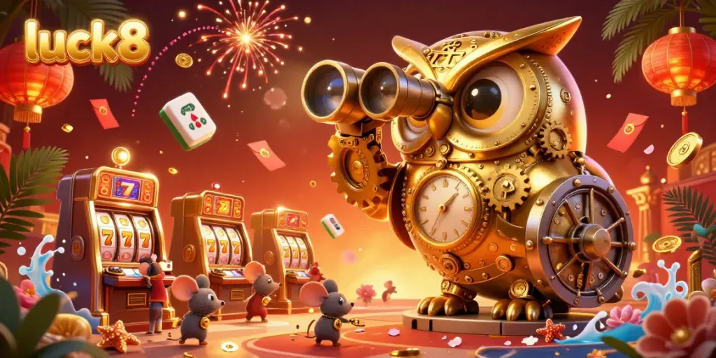 Experience the excitement of luck8 as the golden owl surveys the vibrant casino filled with slot games and lucky symbols.