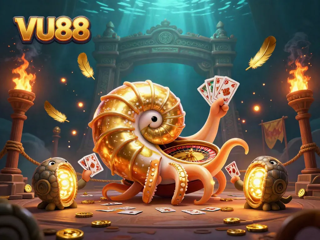 Experience VU88's exciting gaming adventure featuring a giant nautilus with roulette and glowing ammonites.
