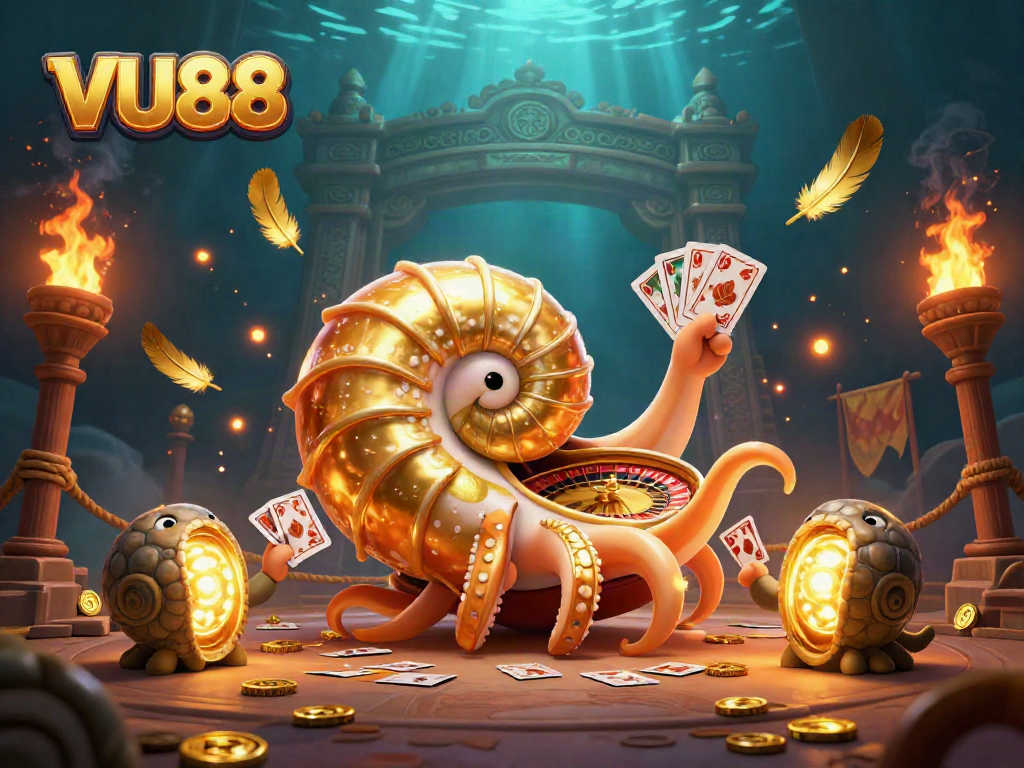 Experience VU88's exciting gaming adventure featuring a giant nautilus with roulette and glowing ammonites.