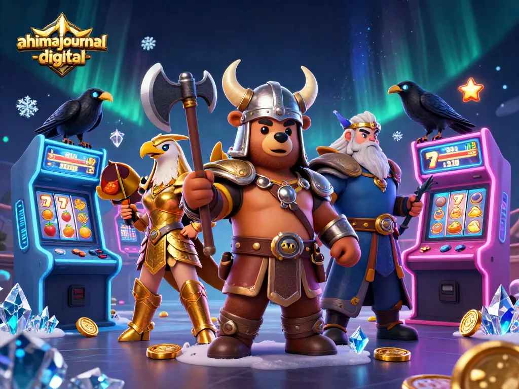 Engage with ahimajournal-digital's vibrant 3D illustration of a Viking berserker bear and a Valkyrie eagle amidst slot games.