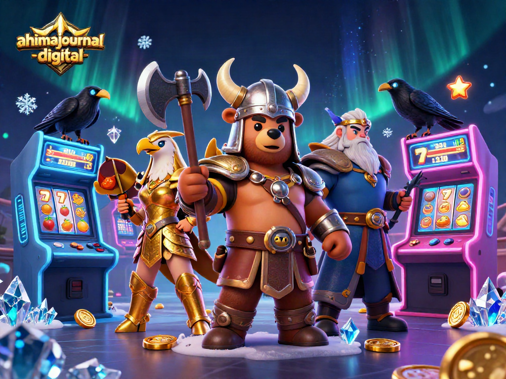 Engage with ahimajournal-digital's vibrant 3D illustration of a Viking berserker bear and a Valkyrie eagle amidst slot games.