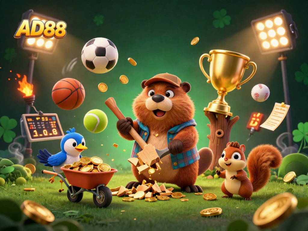 Watch AD88 come alive in this playful scene with a beaver, bird, and squirrel collecting gold coins.