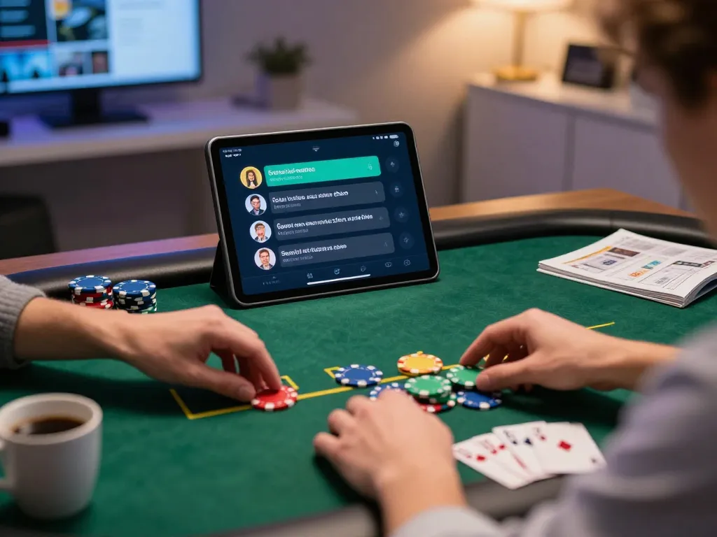 Engaging in tg88 poker strategy on a tablet in modern home office, showcasing virtual gameplay.