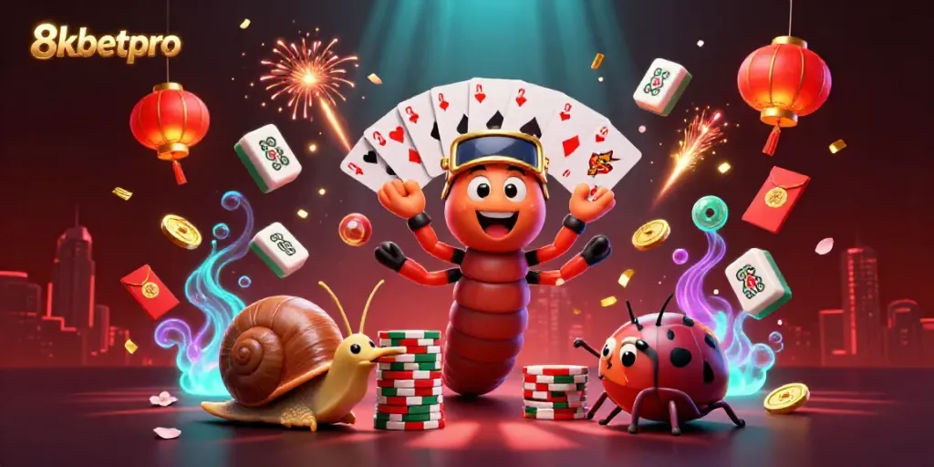 Engage with the vibrant 8xbetpro casino scene featuring a dynamic millipede dealer and high-roller snail amid lively gaming elements.