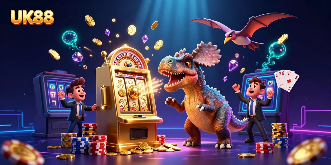 UK88 casino scene featuring a pachycephalosaurus with a jackpot slot machine, thrilling elements of golden coins.