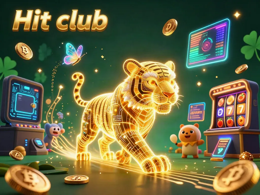 Experience the thrill of gaming at Hit club with a vibrant digital casino scene featuring a neon tiger.