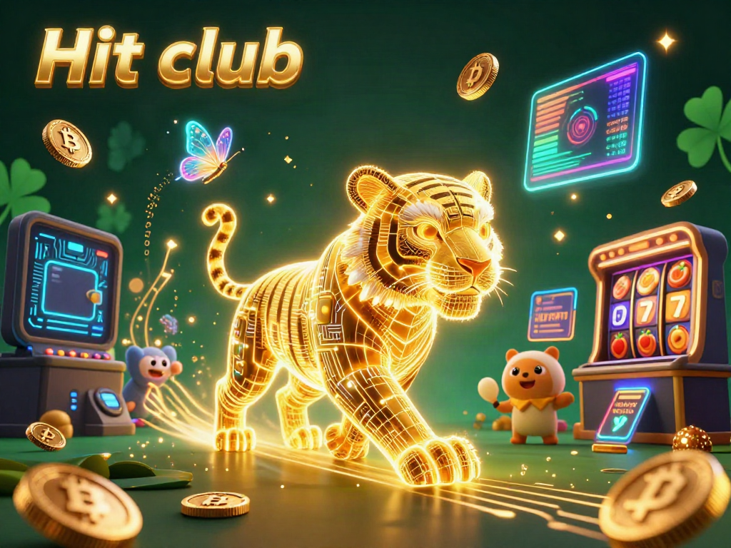 Experience the thrill of gaming at Hit club with a vibrant digital casino scene featuring a neon tiger.