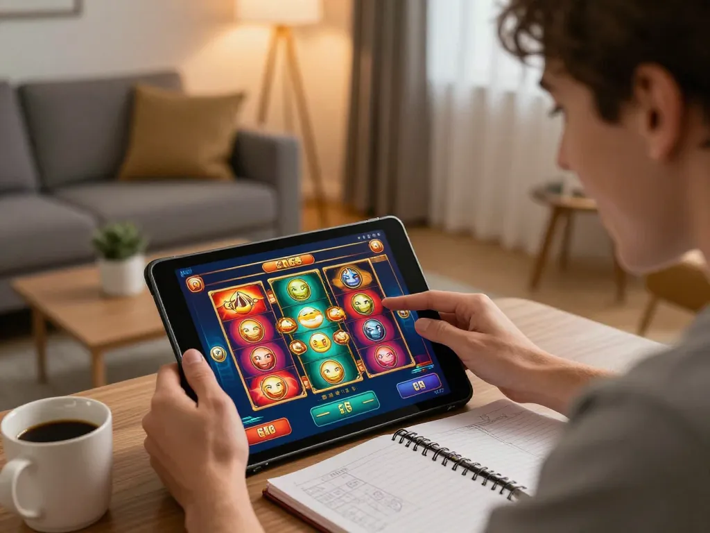 C168 game player engaging with immersive online slots, showcasing excitement in a cozy home setting.