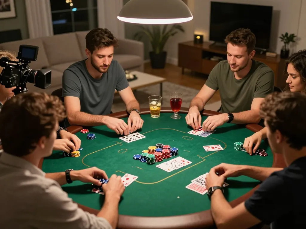 Friends enjoying a lively poker game at home, capturing moments of strategy and excitement, featuring fly88