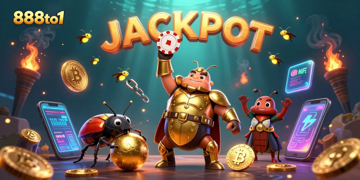 Win big at 888to1 with a champion beetle and glowing crypto coins celebrating jackpot!
