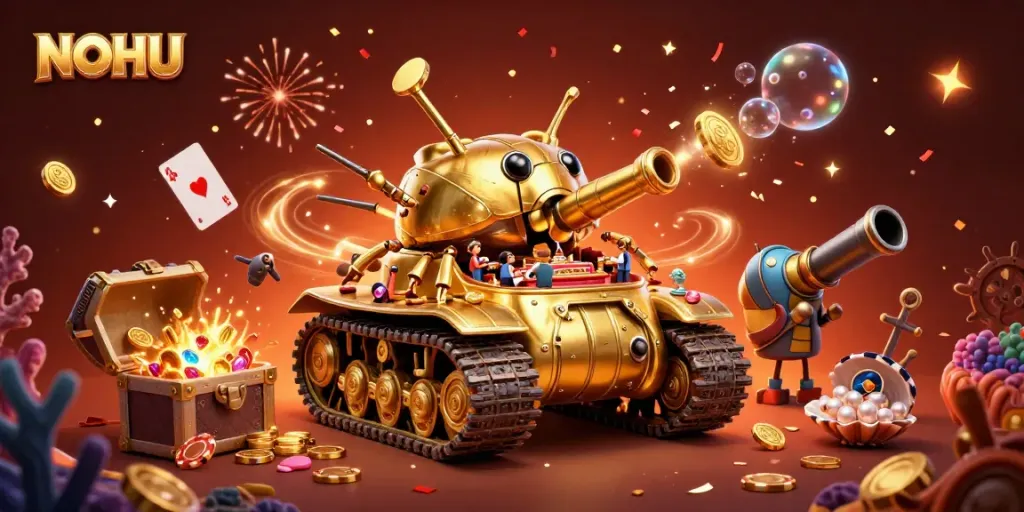 Experience thrilling gaming action at NOHU's vibrant miniature casino tank with relentless confetti and golden treasures.
