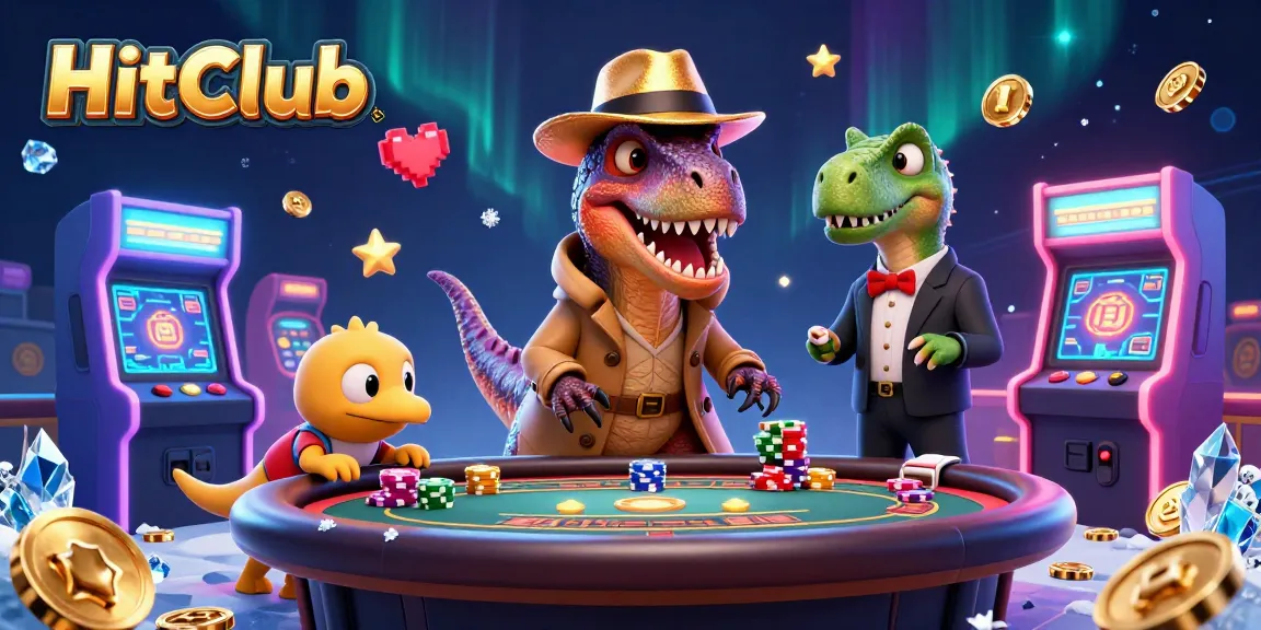 HitClub enhances gameplay with a velociraptor card counter and colorful arcade machines in a vibrant casino setting.