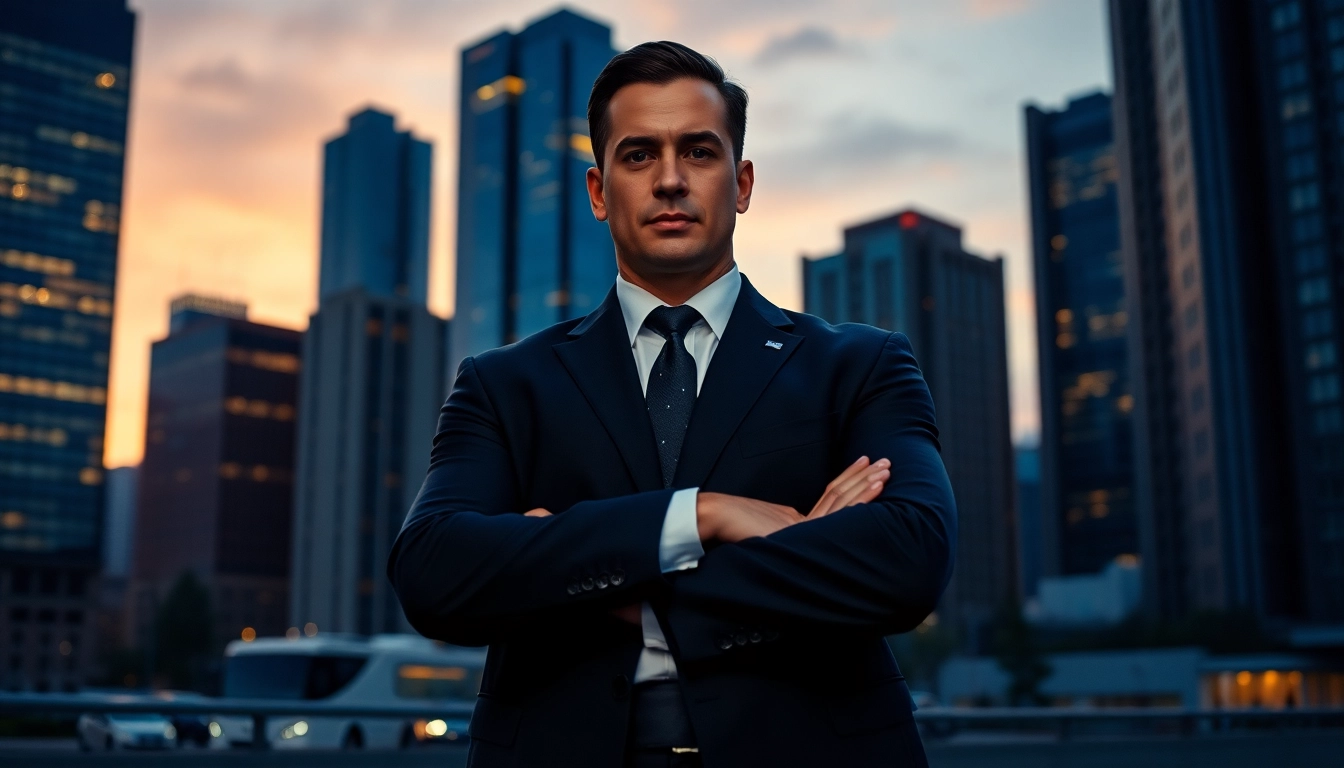 HKSSC Bodyguard Service: A confident bodyguard in a cityscape, ensuring safety and protection.