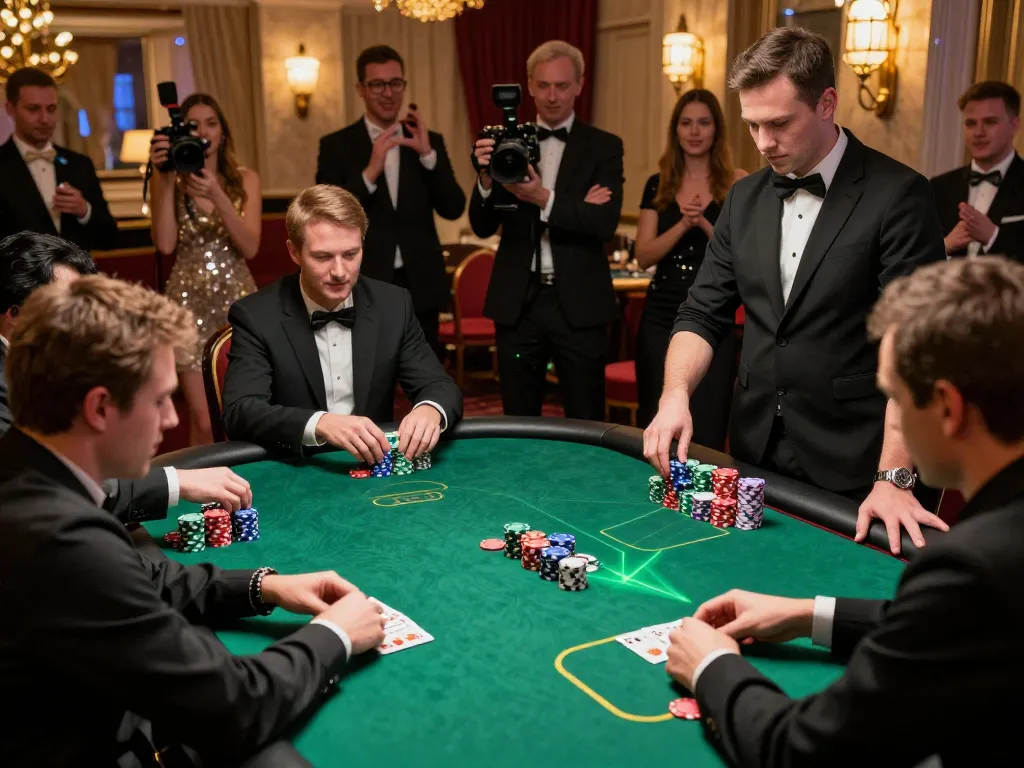 S666 poker tournament in a luxurious casino showcasing intense gameplay and enthusiastic spectators.