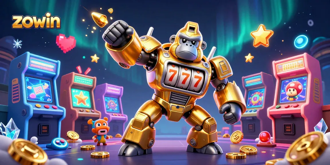 Zowin showcases a dynamic 3D illustration of a mech gorilla and arcade elements in an engaging casino environment.