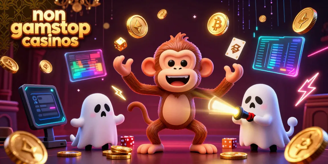 Engaging scene of non gamstop casinos with a mischievous monkey juggling while a puppy tracks it.