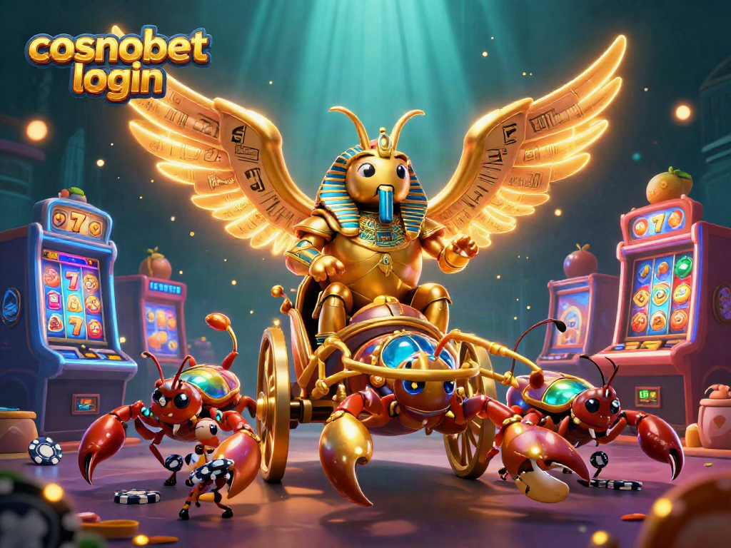 Join the excitement of cosmobet login with stunning 3D visual of a golden scarab and slot machines.