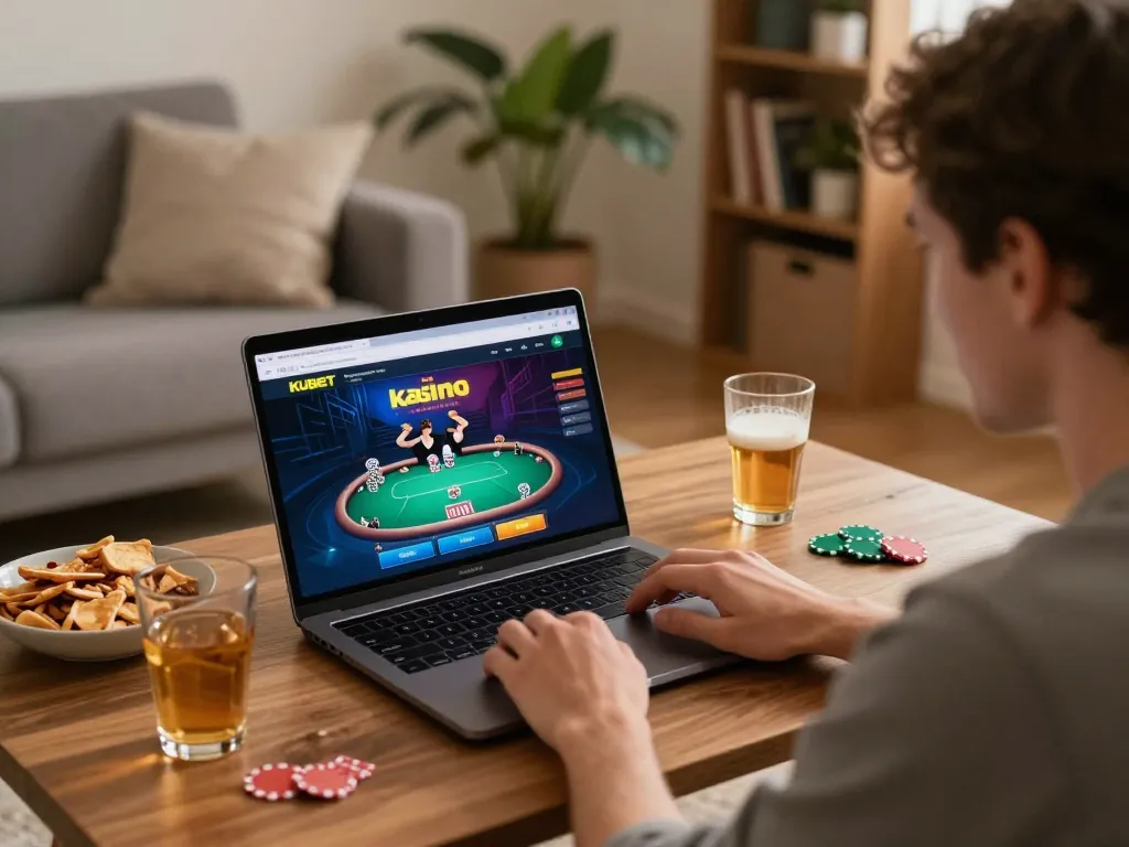 Player engaging with kubet online casino interface, showcasing a dynamic home gaming setup.
