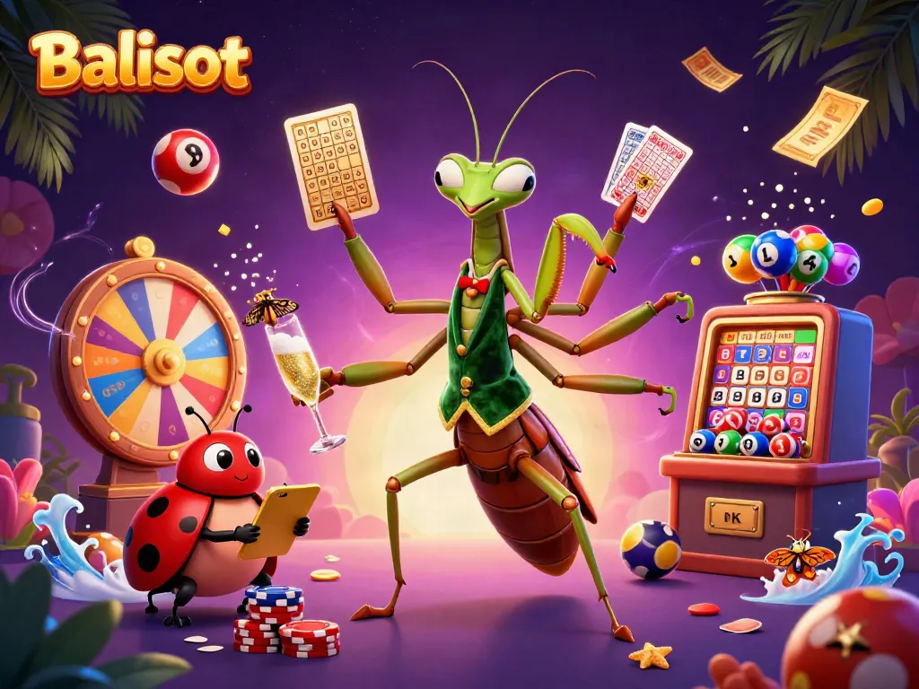 Experience exciting gameplay with Balislot featuring a giant mantis dealer and dynamic casino elements.