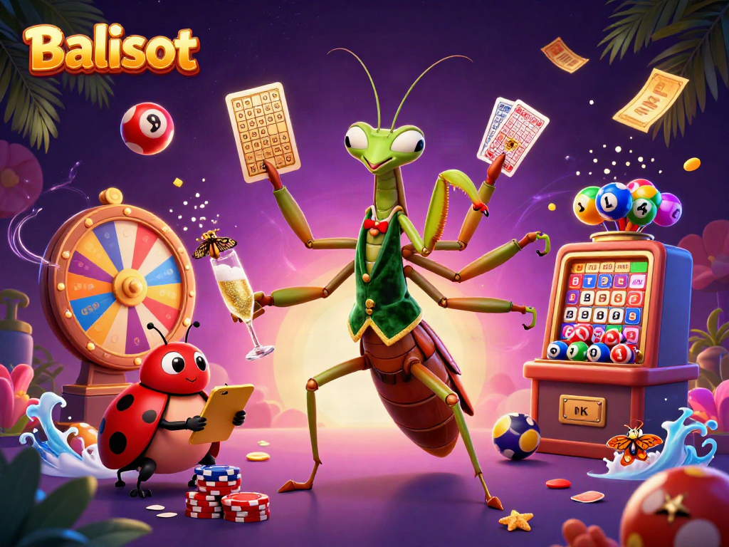 Experience exciting gameplay with Balislot featuring a giant mantis dealer and dynamic casino elements.