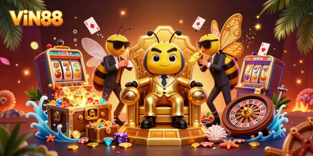 Experience the vibrant action at VIN88 with a bustling casino scene highlighting exciting game elements.