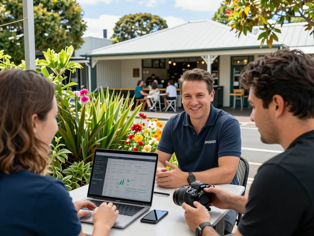 Engaging discussion on airbnb management auckland with local hosts and Houst experts in a vibrant neighborhood setting.