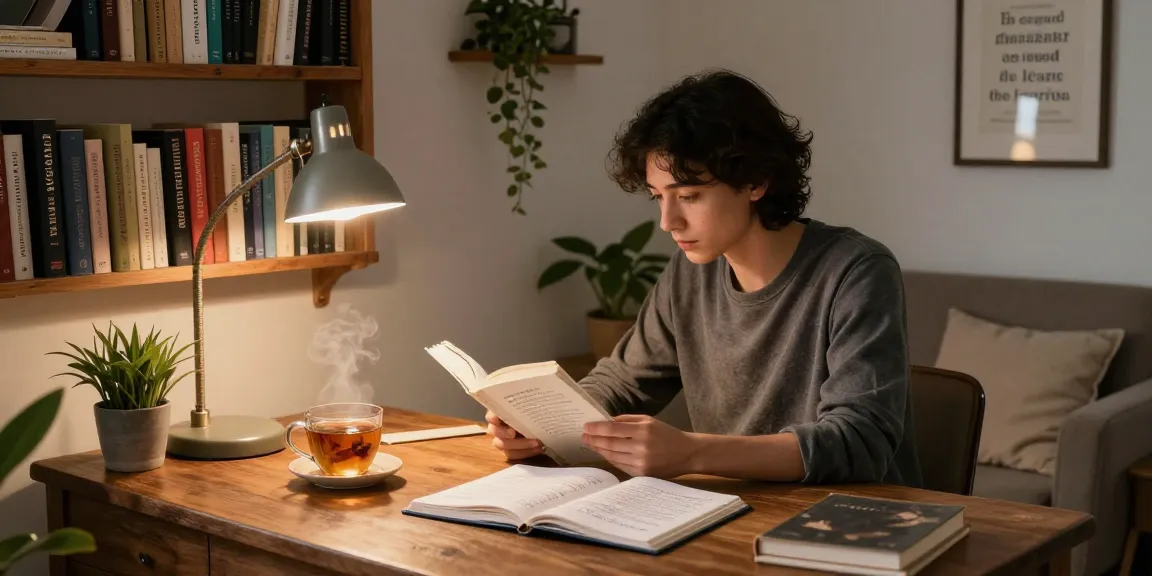 Person deeply engaged while reading a book in a cozy home office.