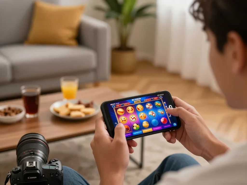 Engaging in Slot Malaysia mobile gaming on a smartphone in a cozy home setting, showcasing dynamic gameplay.