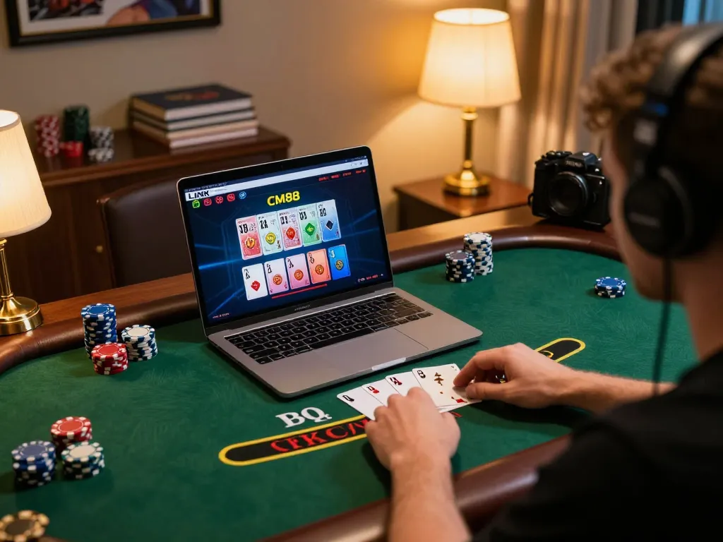 Engaging in LINK CM88 live dealer blackjack at home with warm lighting and cozy atmosphere.