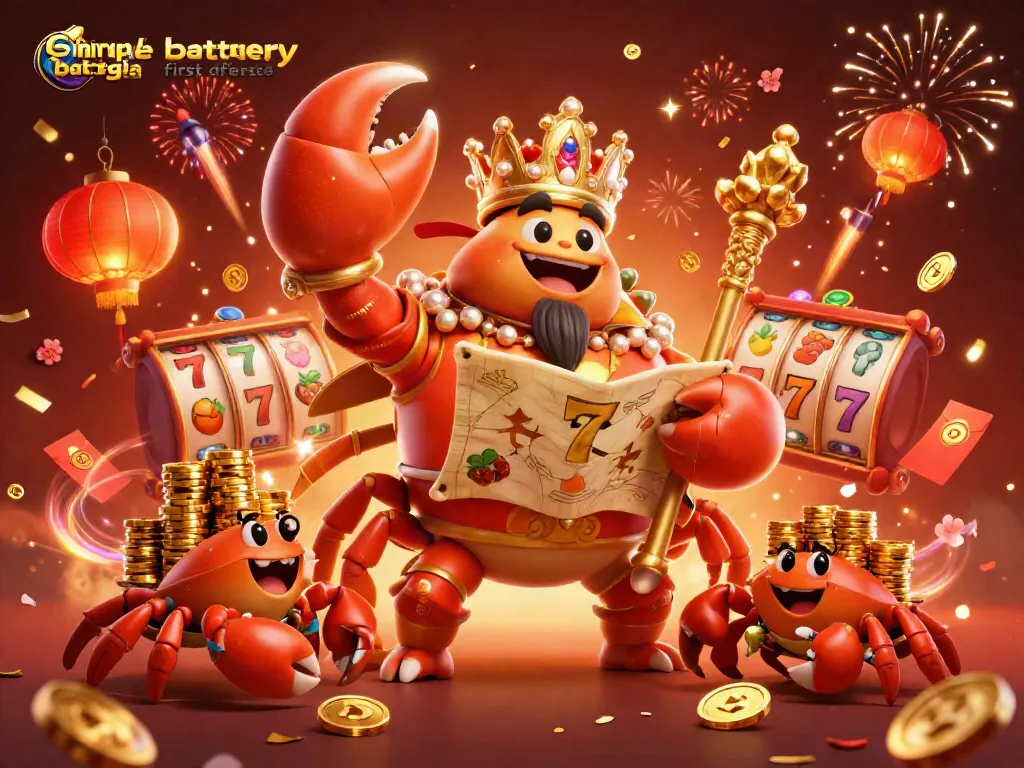 Experience the thrilling atmosphere of simple battery Georgia first offense in this vibrant casino scene featuring a golden crab emperor, slot reels, and lively decorations.