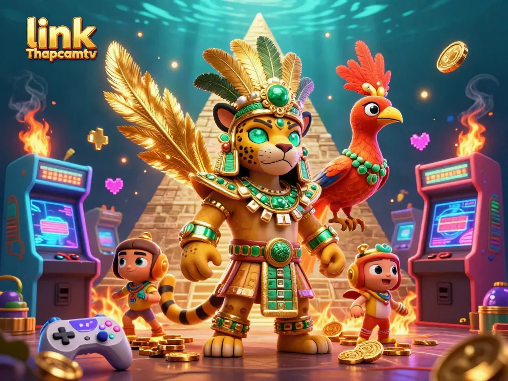 Engage with link Thapcamtv in this vibrant 3D casino scene featuring a Mayan jaguar priest and golden symbols.