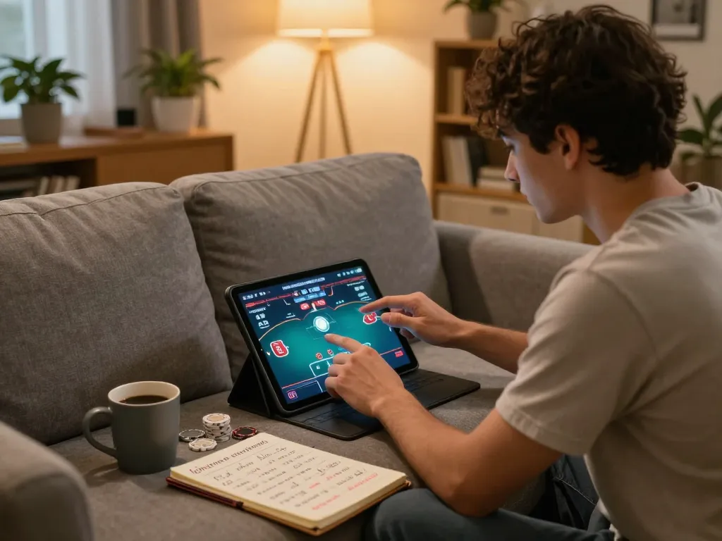 Player engaging in poker on tablet in a cozy home setting, accessing au88 com for an online gaming experience.