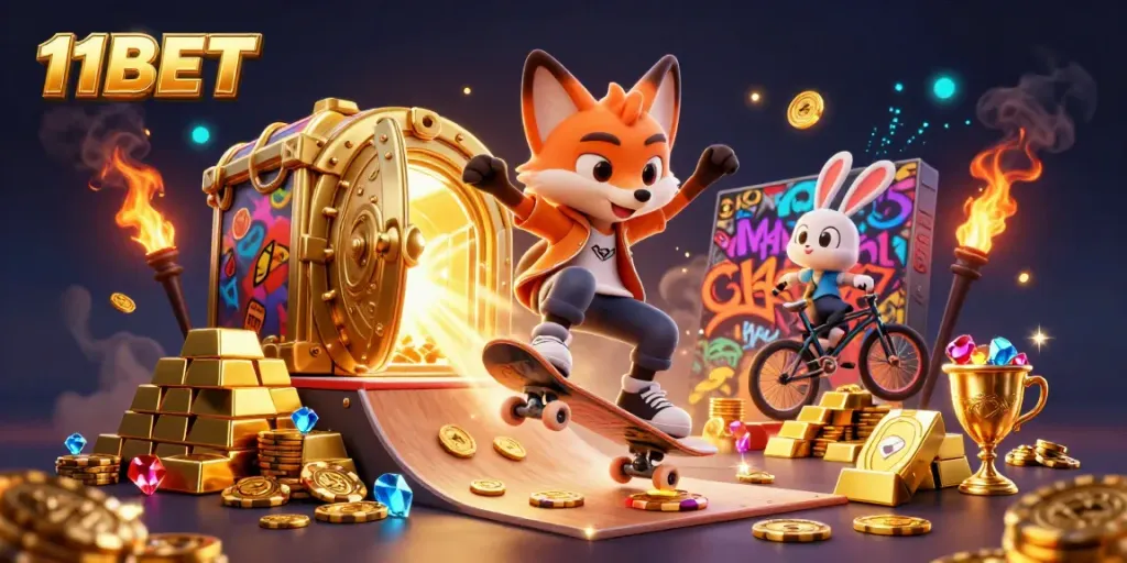 Engage in thrilling gameplay with 11BET as a skateboarder fox and BMX rabbit navigate a vibrant casino scene.