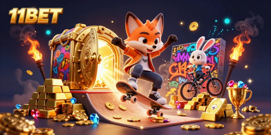 Engage in thrilling gameplay with 11BET as a skateboarder fox and BMX rabbit navigate a vibrant casino scene.