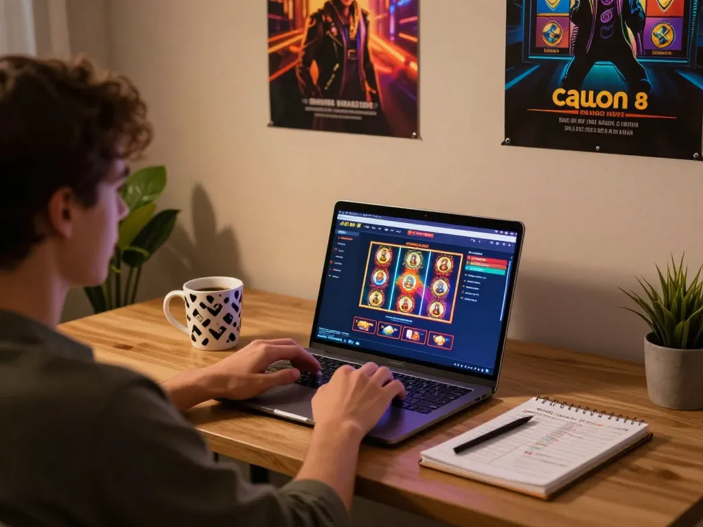 Player enjoying ALO8 online slots on a laptop at a cozy home desk, strategizing for better odds.