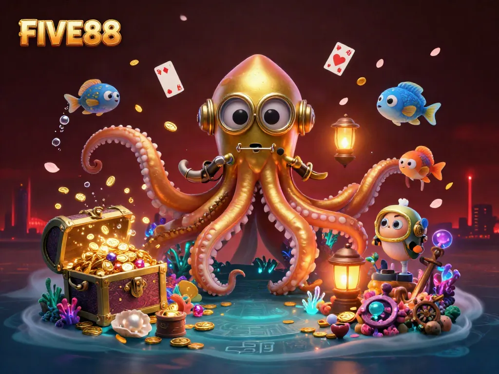 Engage in thrilling games at FIVE88 with a captivating illustration of a kraken and diving cat amidst a treasure-filled sea.