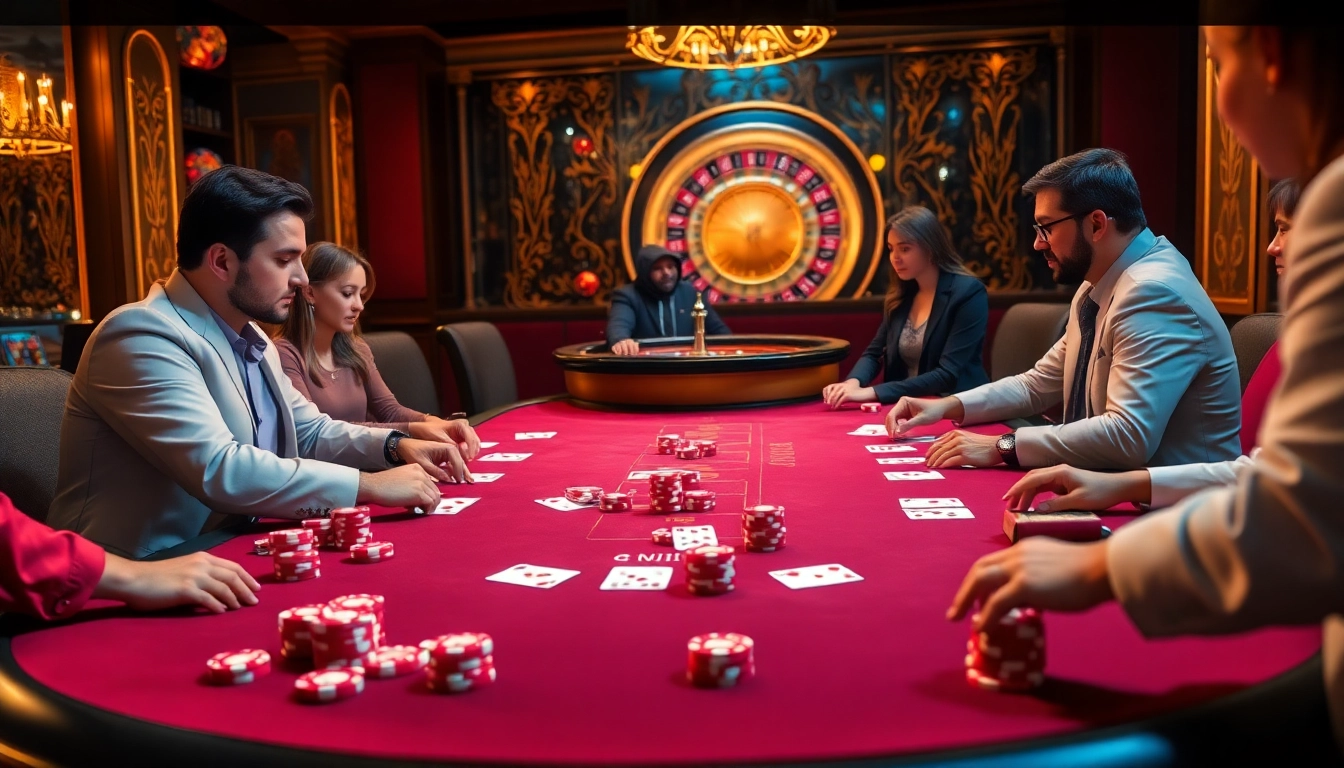 Players enjoying high-stakes games at the open88 casino table, surrounded by colorful chips and cards.