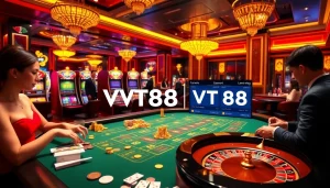 Exciting gambling scene at a casino table featuring VT88 branding amidst chips and cards.