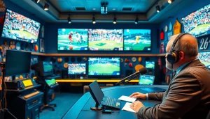 Engaging sports broadcasting scene showcasing live commentary in a modern studio.
