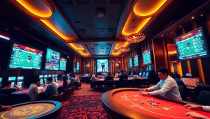 Experience the excitement of betting at okvipwin.live with players enjoying live casino games in a vibrant atmosphere.